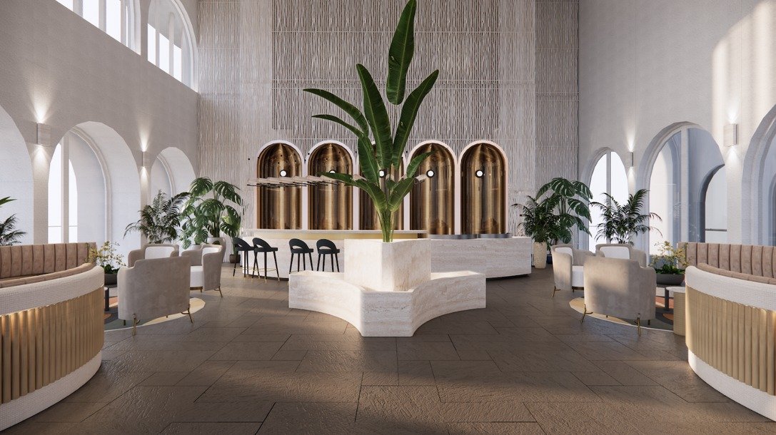Arrival lounge interior with tall arched windows, curved cream banquette seating and a central planted island