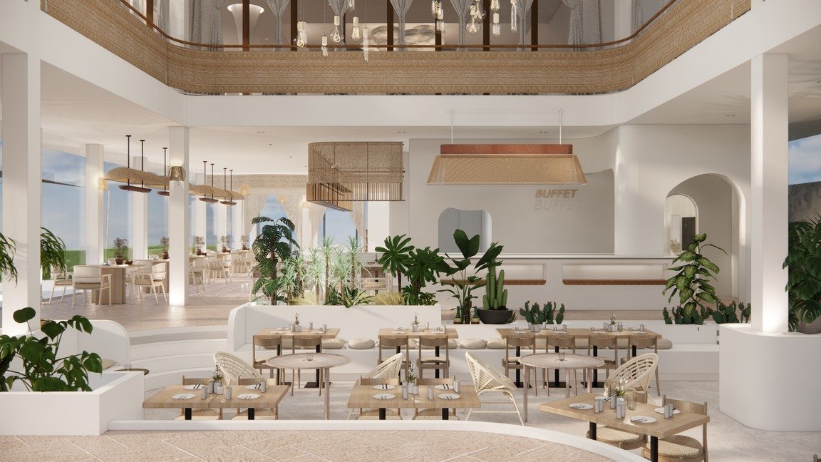 Double-height all-day dining room at Cora Beach Resort with woven pendant lights and a mezzanine gallery