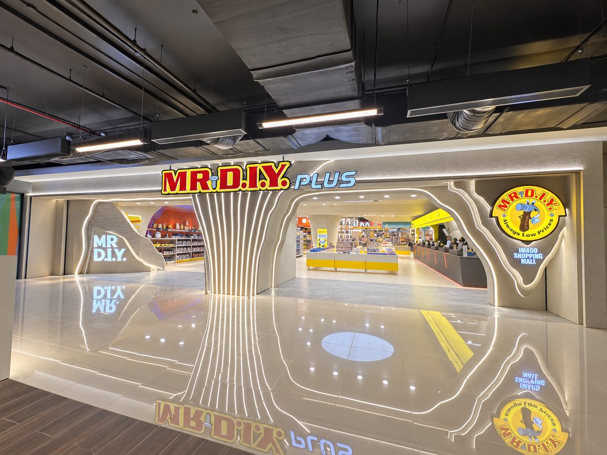 Illuminated portal shopfront of MR D.I.Y Plus at Imago Shopping Mall