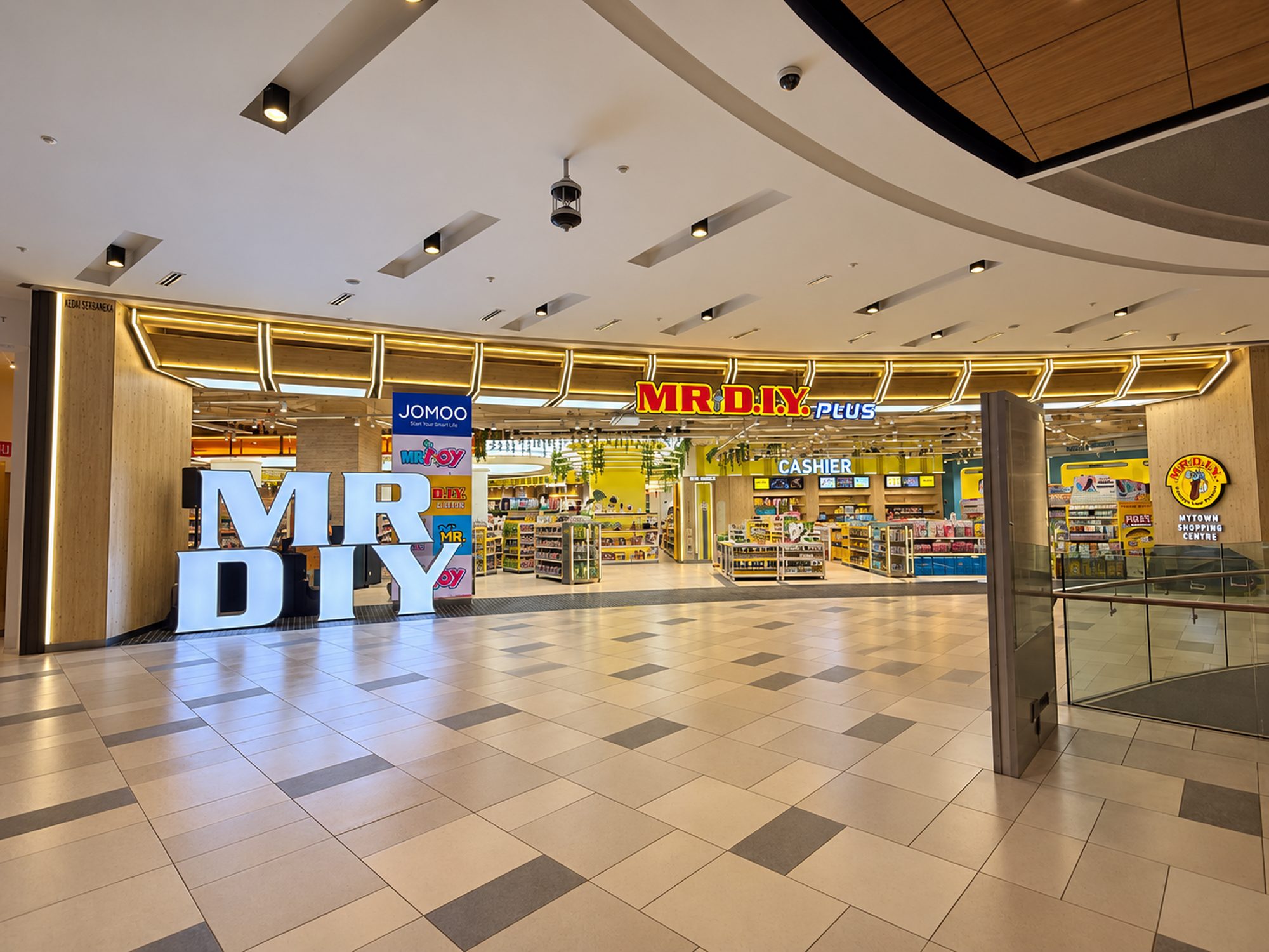 Faceted light-line shopfront of MR D.I.Y Plus at MyTown Shopping Centre